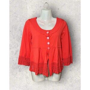 Linda Matthews New York Lace Detail Button Front Half Sleeve Blouse Size Small